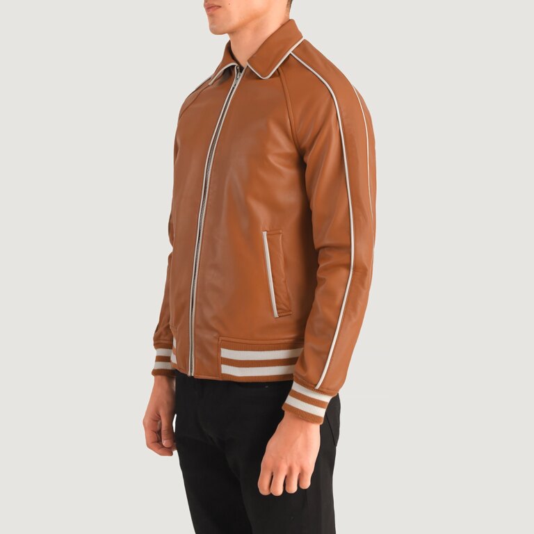 Mens Cooper Tan Brown Leather Varsity Jacket Side Pose-3-1704123679431